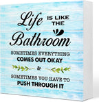 Blue Wood Life is Like The Bathroom Wooden Box Sign Desk Decor,Funny Bathroom Wood Block Sign for Farmhouse Toilet Shelf Decor