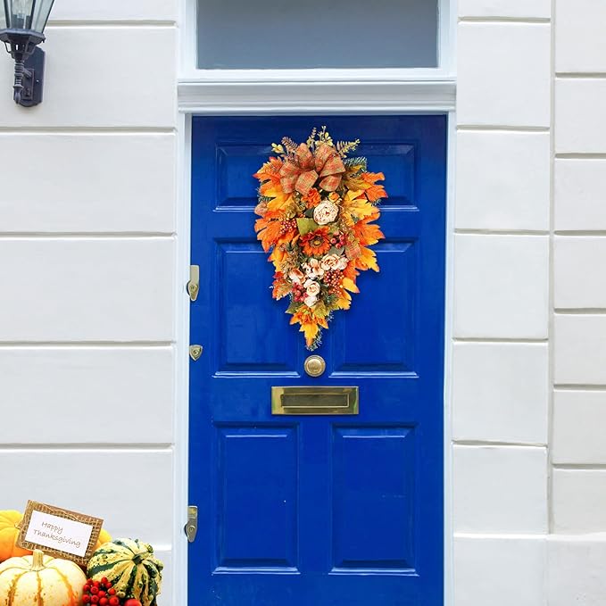 21.7Inch Artificial Fall Harvest Teardrop Swag for Front Door Thanksgiving Teardrop Wreath with Maple Leaves Berry Autumn Floral Swag for Home Wall(No Light)