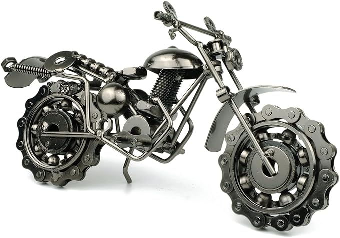 TRANSGOOD Handmade Motorcycle Model with Rolling Wheels, 9" Vintage Steampunk Bike Sculpture, Heavy-Duty Iron Desk Decor, Unique Biker Gift for Dad Husband, Industrial Man Cave Office Home Art (B03)