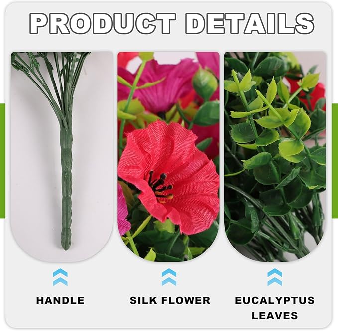 Fake Artificial Hanging Flowers for Outdoor, 2 PCS Silk Morning Glory Faux Flowers with Eucalyptus Leaves,Realistic Hanging Plants for Wedding Home Office Garden Decor
