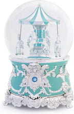 Carousel Music Box Silver Turquoise Christmas Snow Globes, 7.1" Glass Rotate Carousel Snow Globe for Kids & Adults, Classic Wind up Musical Snow Globe Valentines Day Gifts, Carousel Horse Home Decor