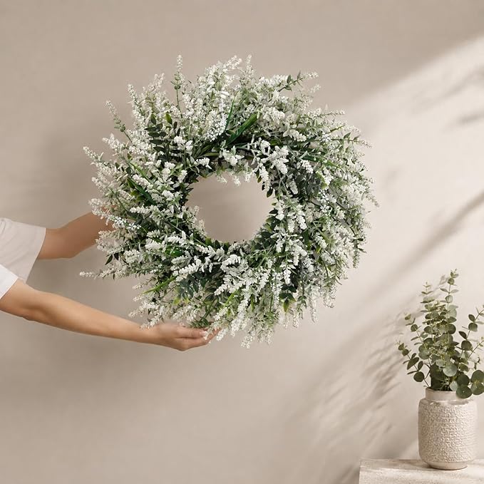 26'' Large Lavender & Eucalyptus Wreath for Front Door - Artificial Eucalyptus Leaves Greenery Outdoor Wreath for Wedding Farmhouse Porch Wall Room Home Decor (White)
