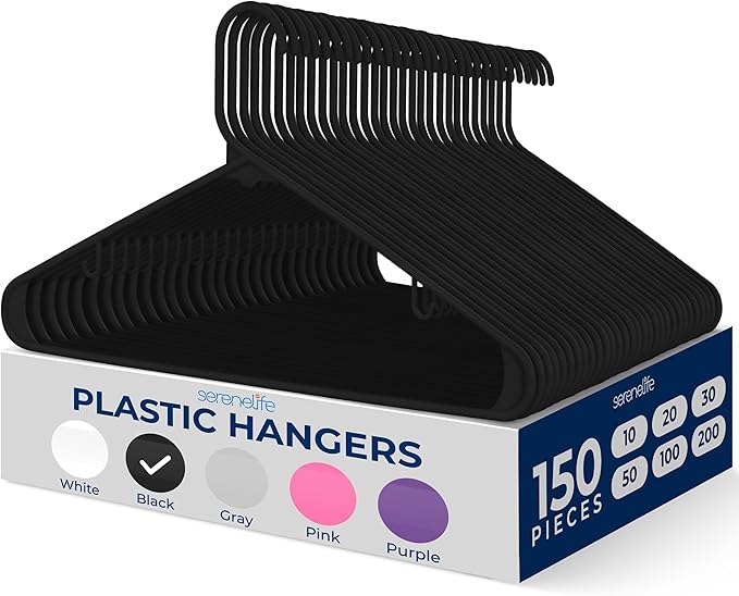 SereneLife 150-Piece Plastic Hangers Black – Heavy Duty Non-Slip Clothes Hanger Set, Durable Slim Space-Saving Closet Organizers for Coats Shirts and Dresses, 5.5 lbs Weight Capacity Each
