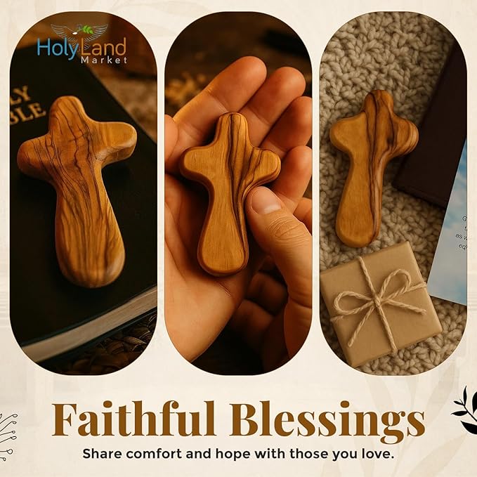 Holy Land Market Small Olive Wood Hand Crosses - 2.5 Inch Pocket Palm Crucifix | Handmade Jerusalem Crosses - Christian Gifts with Certificates & Lord Prayer Card | Meditation & Prayer Crosses (200 count)