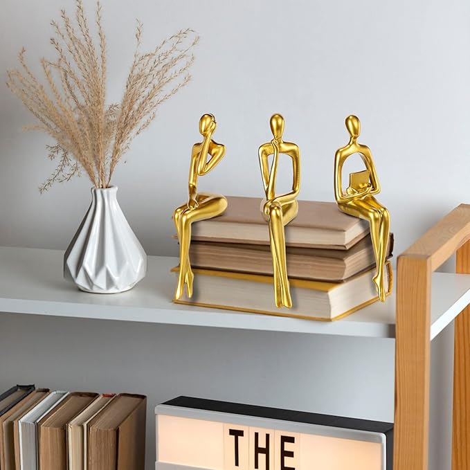 BMLCGJ Thinker Statue Gold Decor Abstract Art Sculpture, Golden Resin Collectible Figurines for Home Living Room Office Shelf Decoration,Great Gifts Ideas (Sitting Posture-Gold)