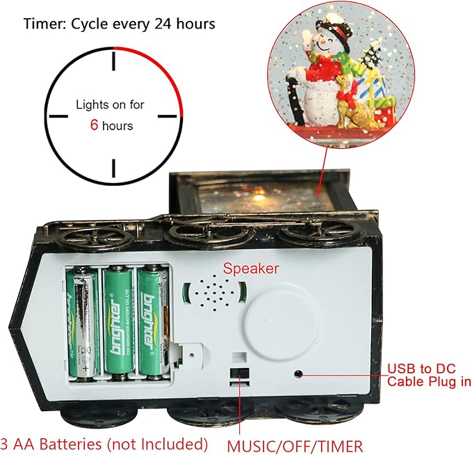 Wondise Lighted Christmas Snow Globes Musical Lantern with Timer, Battery Operated and USB Powered Spinning Water and Swirling Glitter Holiday Decoration
