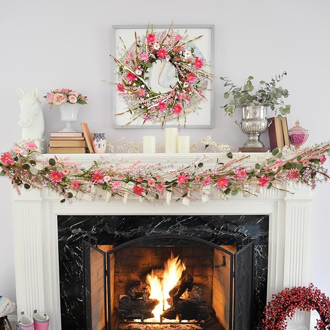 TEMPUS 5.9ft Spring/Summer Flower Garland, Artificial Daisies Wildflower Leaves Garland,Garlands for Decoration for Indoor Outdoor Farmhouse Window Wall Wedding Background Home Party Decor