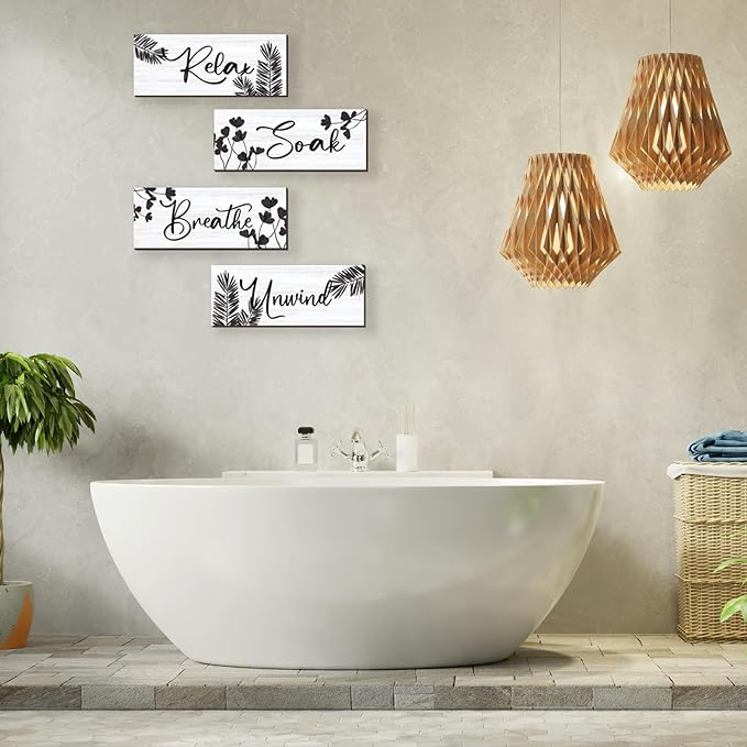 4 Pcs Farmhouse Bathroom Wall Decors Relax Soak Unwind Breathe Wooden Word Sign Black Hanging Wall Art Rustic Office Wall Decor for Bedroom Living Room Vintage Decorations(Black Leaves 10X4 Inch)