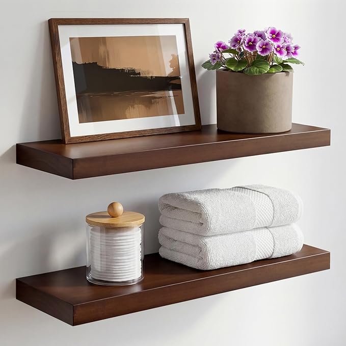 Homeforia Walnut 20 inch Floating Shelf, High End Solid Real Wood 20inch Floating Shelves for Wall Mounted, Dark Brown 20 inches Long Floating Shelves, Heavy Duty Bracket, 20 X 6.5 X 1.75 in, Set of 3