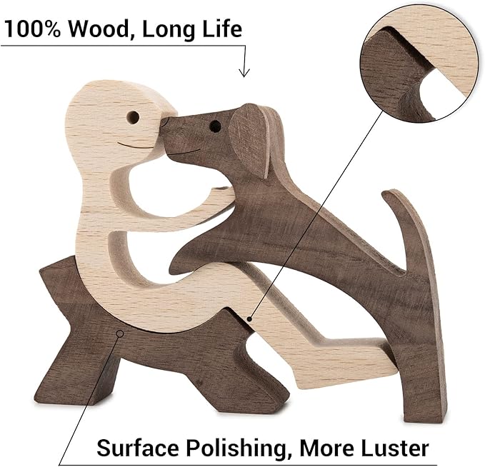 ISHINE Handmade Wood Decor Sculptures, Sitting Man and Dog Statue, Carved Creative Home Office Gift Decoration Natural ECO Friendly