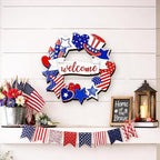 Wooden 4th of July Decorations Patriotic Wreath Independence Day Decorations Front Door with Star Sign Welcome Memorial Day Hanging for Home Wall Decor Outdoor Indoor Red White and Blue Wreath