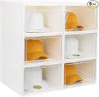 6 Pack Hat Organizer Box, Stackable Clear Baseball Caps Holder Box Containers with Magnetic Door for Hats Snapback Cap Storag, Hat Rack Display Case, Holds 8 Hats Each (White)