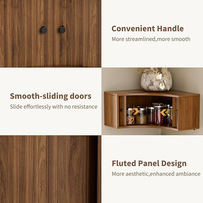 Corner Shelves Wall Cabinet Set of 3, Floating Corner Shelf Organizer with Sliding Doors, Fluted Wall Cabinet for Living Room, Bedroom, Office, Small Space, Walnut (recessed, 15.74")