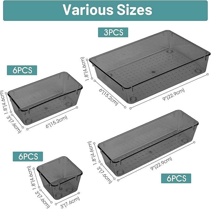 WOWBOX 21 PCS Clear Plastic Drawer Organizer Set, 4 Sizes Desk Drawer Divider Organizers and Storage Bins for Makeup, Jewelry, Gadgets for Kitchen, Bedroom, Bathroom, Office, Black