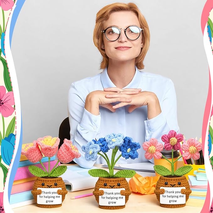 Wavwavw 3 Pack Teacher Appreciation Gift Positive Flower Handmade Crochet Doll Thank You for Helping Me Grow Gifts Back to School Gifts for Women Teacher(Puff Flower, Bell Orchid, Forget Me Not)