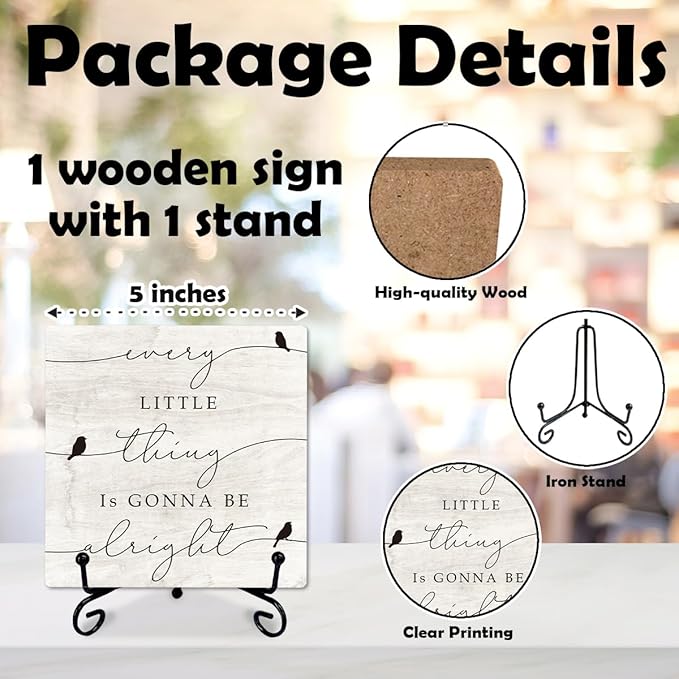 5" Rustic 3 Little Birds Wooden Sign - 'Every Little Thing is Gonna Be Alright' Inspirational Plaque with Metal Stand, Farmhouse Tabletop Decor for Home, Office, or Room, Gift for Friends & Family-A08