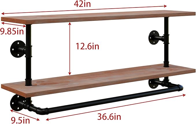 Clothes Rack 42in, 2 Tier Wall Mounted Garment Rack with Real Wood Shelf, Heavy Duty Hanging Clothes Rack, Multi-Purpose Hanging Rod, Space-Saving Closet Storage