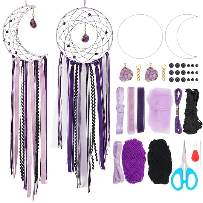 DIY Purple Moon Lace Gothic Dream Catcher kit 2 Set Boho Large Half Circle Handmade Dream Catcher Kit with Purple Agate for Wall Decor Women Gift Moon Sun DIY Gifts for Bedroom Christmas