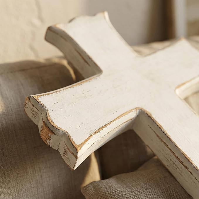 Bltgh White Wooden Cross Wall Decor, Religious Cross Gifts With Hook on Hanging Wall Or Table, Confirmation Cross Gift, Baptism Gifts, Rustic Home Church Room Crosses Décor, 10x6.5 IN