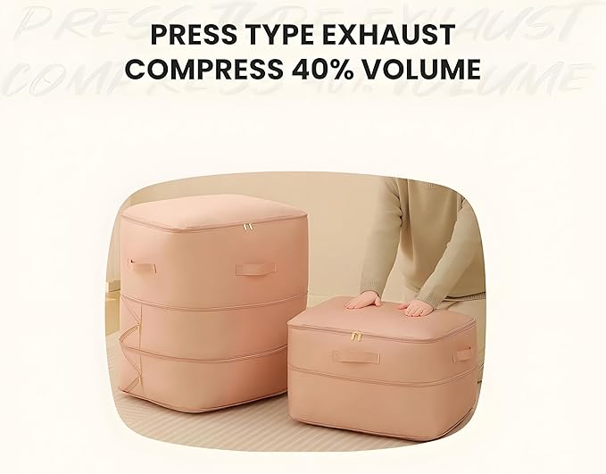 Ultra Space Saving Self Compression Organizer, 3-Layer Zipper Large Capacity Storage Bag, Thick Satin Fabric Heavy Duty Bags for Comforters Blankets Bedding Duvet (Pink, X-Large, 21x17x24in)