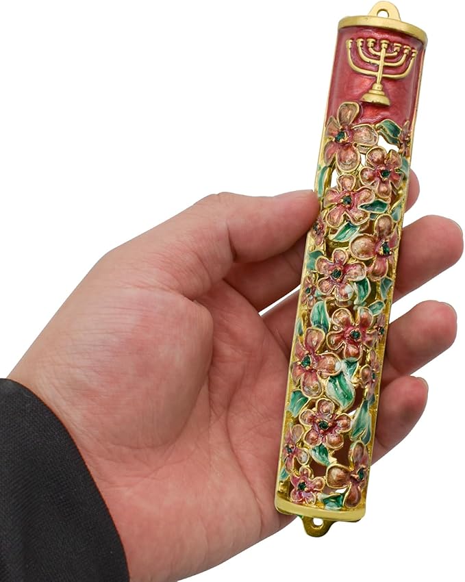 Mezuzah with Scroll for Door, Enamel&Zinc Alloy Blessing Mezuzah Case for Door, Colored Painted Mezuzha Scroll Kosher for Jewish Gifts/Jewish Decor, Christmas (Red and Gold, 1.1x6.49 in)