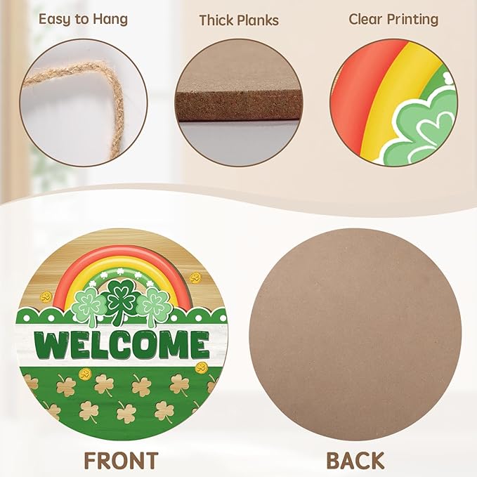 Happy St. Patrick's Day Rainbow Wooden Hanging Sign 12x12 Inch St. Patricks Day Welcome Shamrock Wreath Sign for Front Door Decor,Irish Spring Farmhouse Wood Wreath Indoor Wall Hanging Decoration