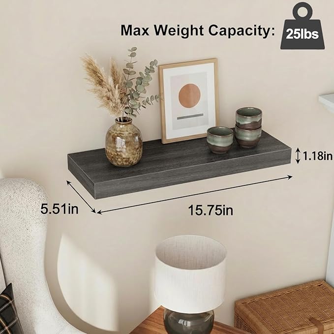 Fixwal 15.7in Floating Shelves, Rustic Wood Finish Wall Shelves Set of 4, Shelves for Wall Decor, with Invisible Brackets for Bathroom, Living Room,Bedroom and Kitchen(Gray)