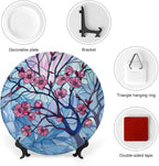 Stained Glass Theme Decorative Ceramic Plate Round Porcelain Plate,7 inch,Cherry Tree Pattern,for Decorative Ornaments Giving Plates, 1 Plate with 1 Display Stand,Blue Pink
