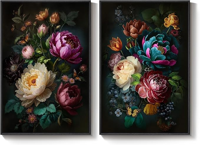 Large Framed Vintage Floral Wall Art Set of 2, Colorful Rustic Farmhouse Botanical Canvas Prints, Moody Cottage Core Peony Flower Pictures Wall Decor for Living Room Bedroom Dining Room, 24x36