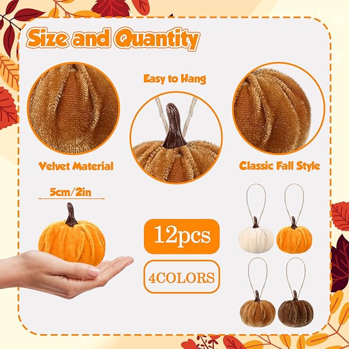 12 Pcs Velvet Pumpkins Fall Thanksgiving Pumpkins Hanging Ornaments Fall Tree Decorations Orange White Brown Velvet Wrapped Pumpkin Ball Decor with Hemp Rope for Thanksgiving Party Tree Farmhouse (A)