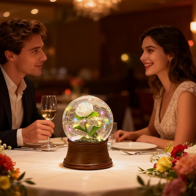 Rose Snow Globe Music Box, Preserved White Rose Flower Musical Snow Globes, LED Light Up Rose Snowglobe Water Globe Romantic Gift for Women Girls in Mother's Day, Anniversary, Christmas