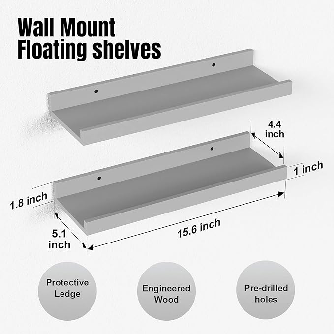 Boswillon Floating Shelves for Wall, Wall Shelves Set of 2, Bedroom Shelves with Lip, Display Picture Ledge Shelf for Wall Decor Bedroom Living Room Bathroom Kitchen - Grey