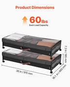 VEVOR Under Bed Storage with Wheels, 36.0 x 18.1 x 7.3 inch, Underbed Containers with Clear Lid, Underbed Shoe Organizer, Rolling Under the Bed Storage Bins for Clothes Shoes Blankets Bedroom, 2 Pack