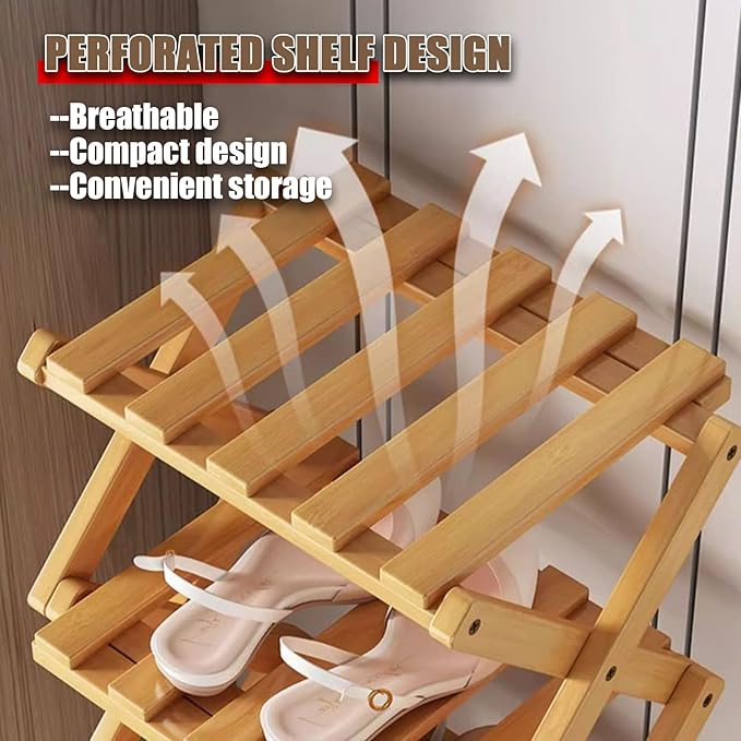The 9-Tier No-Assembly Bamboo Rack, Foldable Space-Saving Organizer for Shoes, No Assembly Narrow Shoe Shelf for Entryway Closet Dorm (Yellow, 8)