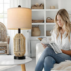 OYEARS 21" Boho Table Lamps Set of 2 for Living Room, Bedside Lamps for Nightstand, Rattan Lamp for Bedroom, Farmhouse Table Lamps for Boho Decor, End Table, Retro, Black