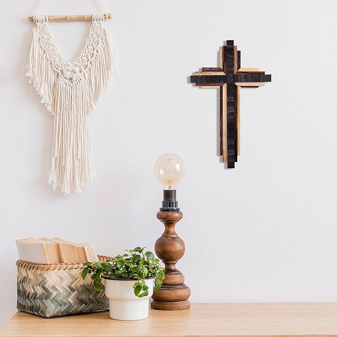 Jetec Christian Wooden Wall Cross,3D Multi-color Triple Stacked Reclaimed Decorative Worn Wooden Wall Cross for Home Religious Church Hanging Decoration(Classic Color)