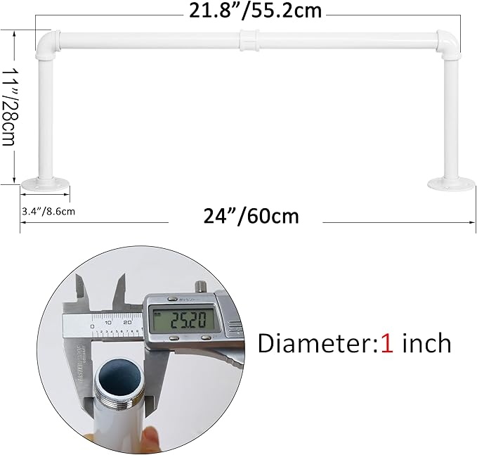WEBI Clothing Rack Wall Mount White,24" Industrial Pipe Clothes Rack for Hanging Clothes,Heavy Duty Iron Garment Rack Bar,Retail Display Clothes Rod for Closet,Laundry Room