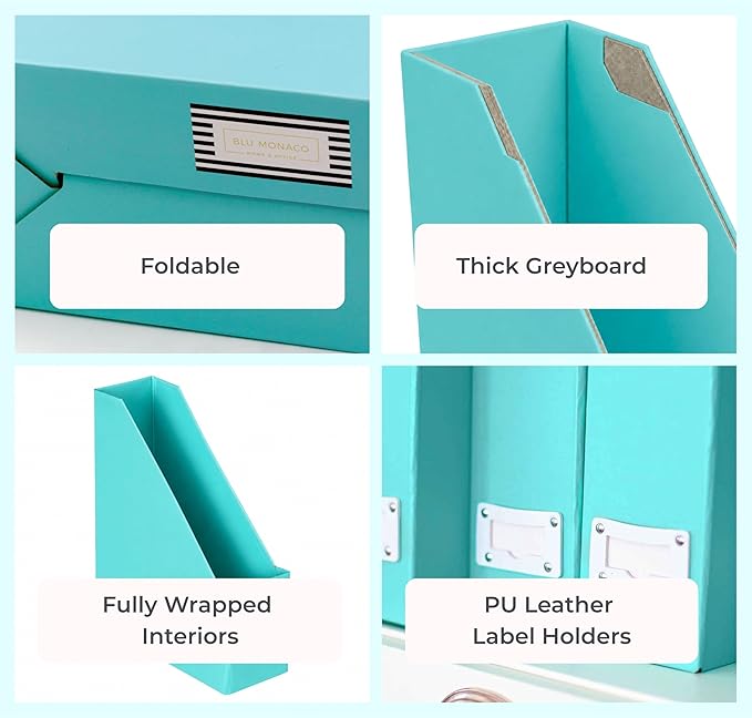 BLU MONACO Set of 6 Aqua Magazine File Holders | Foldable Magazine Storage Boxes with White Leather Label Holders | Vertical File Organizer for Desk, Shelves & Home Office