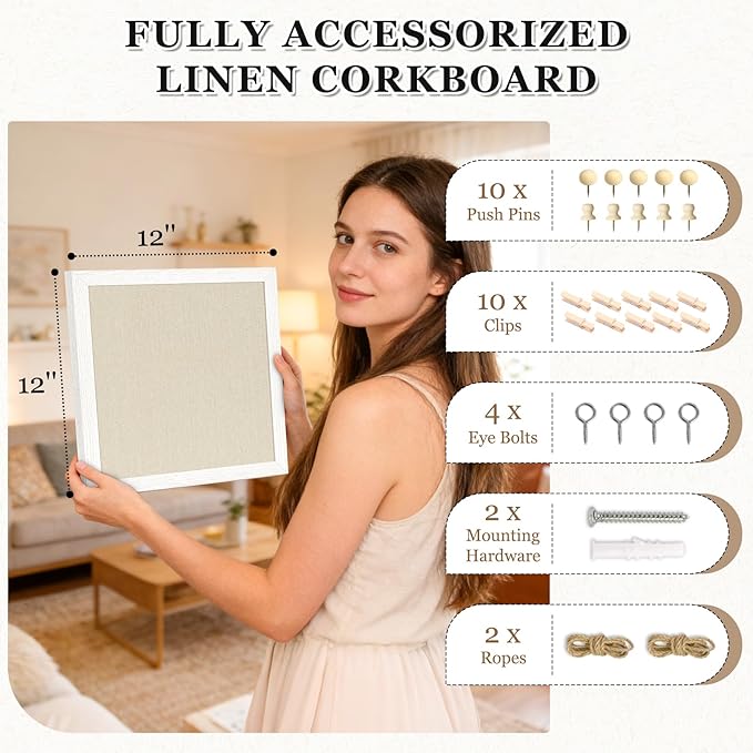 DOLLAR BOSS Bulletin Boards with Linen 1-Pack 12''X 12'' Double-Sided Cork Board for Walls Wood Framed Bulletin Boards, Small Pin Board for Home Kitchen Office Decorative Hanging 10 Pushpins