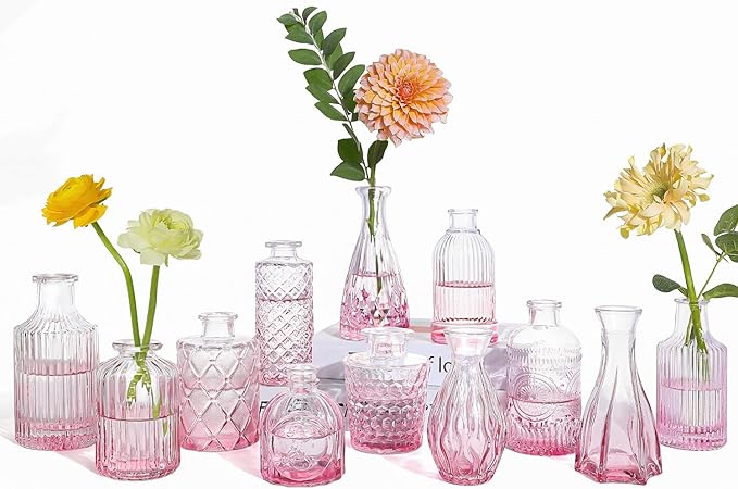 Valentine's Day Glass Pink Bud Vases Set of 12, Mini Flower Valentine Vase for Centerpieces, Small Vases in Bulk for Wedding Decorations, Vintage Vase for Table, Home Décor