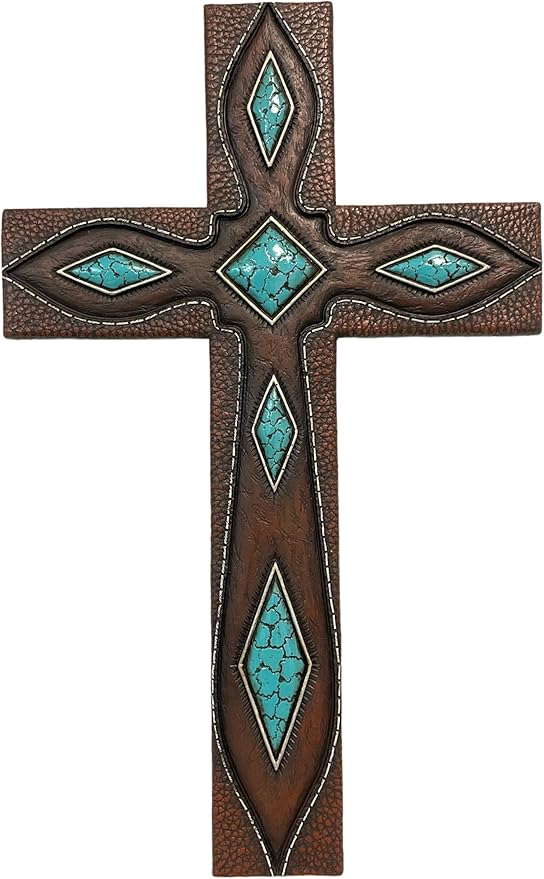 De Leon Collections 14229 Turquoise Leather Tooled Pattern Brown 15.5 Inch Polyresin Southwestern Decorative Home Décor Hanging Sculpture Wall Cross