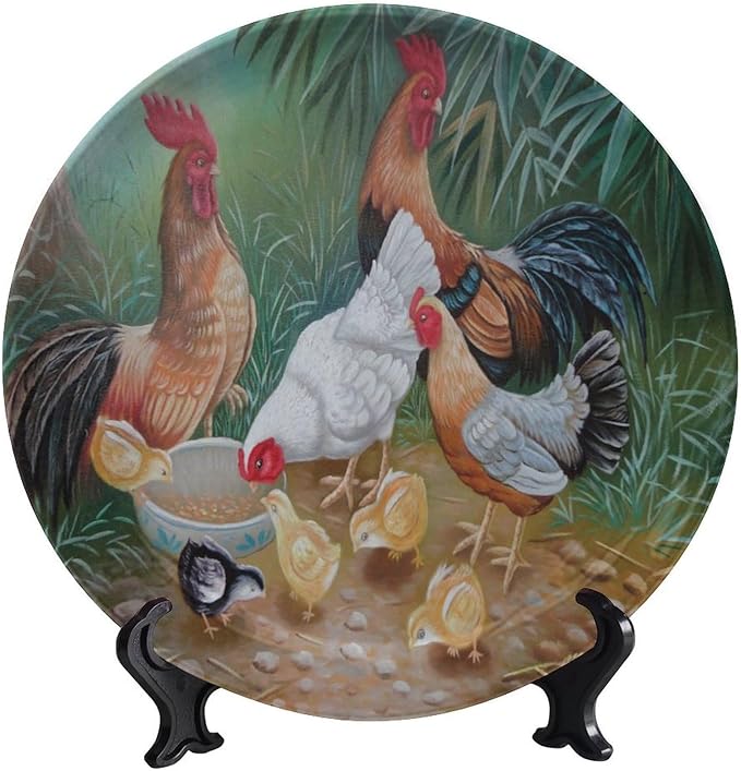 Rooster Decorative Plate Holder, 6 Inch, Rooster Hen Chicks Foraging Round Display Plate, Hanging Decorative Plate with Display Stand, for Kitchen Party Coffee Table Decor Art
