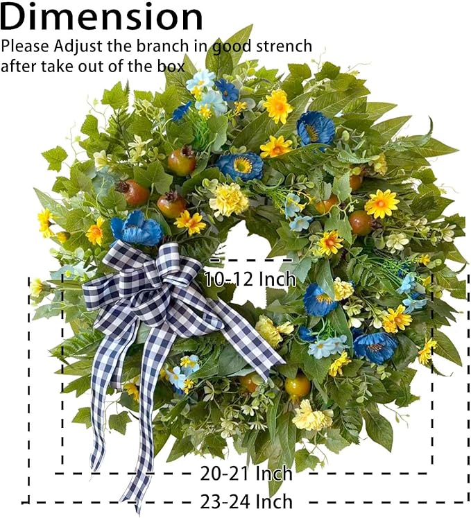 WANNA-CUL 24 Inch Year Round Spring Summer Wreaths for Front Door, Blue Yellow Floral Door Wreath with Pomegranates Daisy - All Season Decorative Wedding Wall Wreath Indoor Outdoor Farmhouse Decor