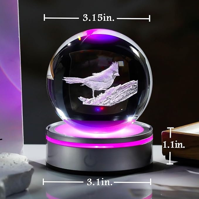 Movdyka 3D Crystal Ball Red Cardinal Gifts for Women Men, Cardinal Memorial Gifts for Loss of Loved One, Laser Engraved Red Bird Decor Glass Animals Figurine with LED Night Light Lamp Base