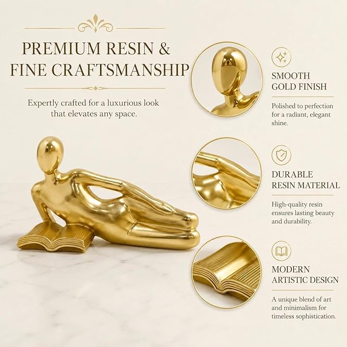 Gold Reading Statue Style D, Abstract Reader Figurine, Resin Book Decor for Bookshelf, Coffee Table, Desk Shelf Decor, Gift for Book Lovers