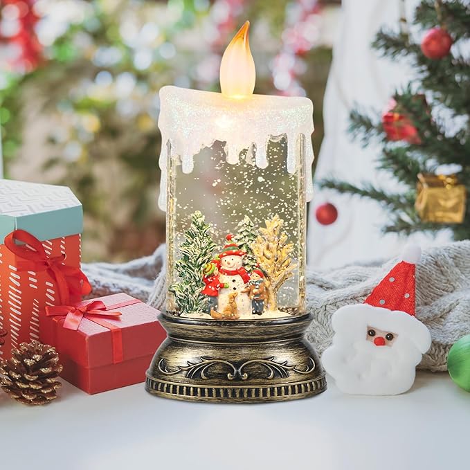 GenSwin Christmas Snow Globe Candle, Swirling Glittering Candle with Timer and Music, Red Hat Snowman and Kids Scene Lantern, USB/Battery Operated Candles for Christmas Decor