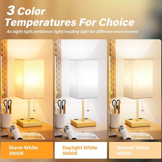 aooshine Medium Table Lamp with USB Ports - 3 Color Temperature Bedside Lamp for Bedroom, Pull Chain Control, USB A and C Ports, 2 AC Outlets, Bulb Included