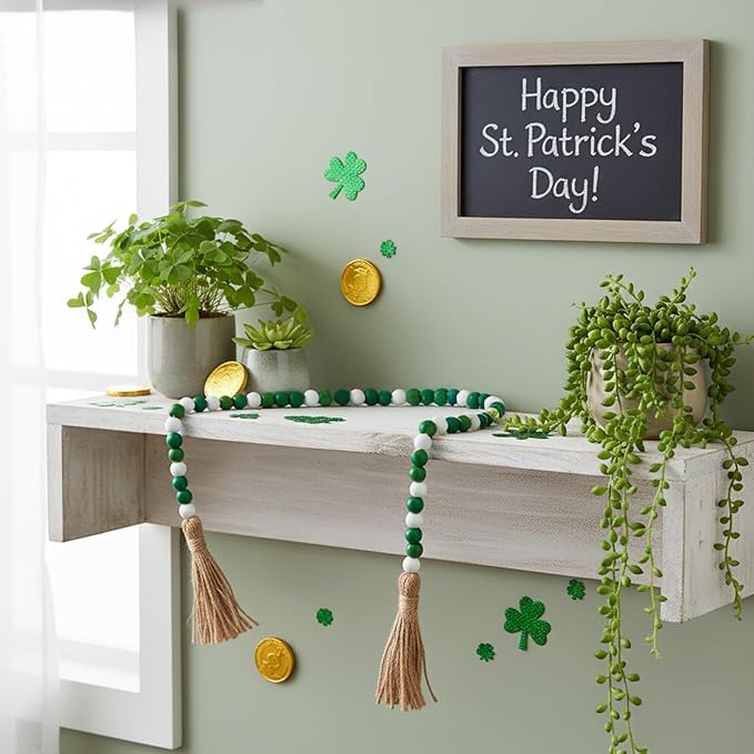 Equsion Seasonal Wooden Bead Garland with Tassels, 3.3 ft Holiday Vintage Boho Bead Garland Easter Tray Decoration, Vase Wall Room Art Birthday Party Decoration(Gradient Green)