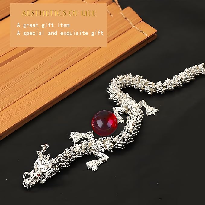 LIYAOLI 3D Printed Dragon Metal Articulated Dragon 2024 Chinese Dragon Statue Silver Dragon 15 Inch Flexible Joints Luck Dragon for Home Office Desk Decoration,with Red Dragon Gemstone Bead
