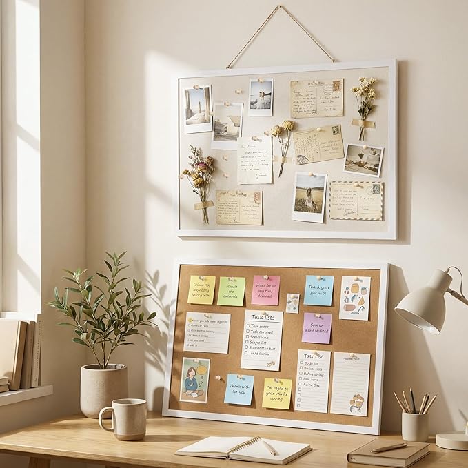 Thboxes Cork Board with Linen, 24" x 18" Double-Sided Bulletin Board Corkboard for Wall Picture Display Framed Vision Boards for Home Office School Pin Boards with 20 Pushpins &10 Clips
